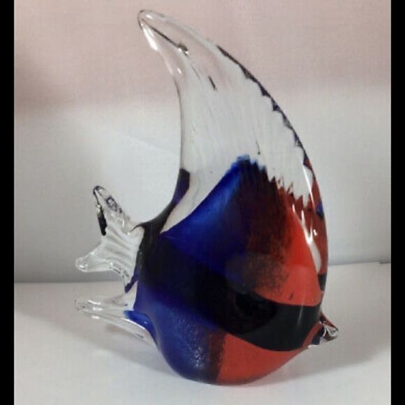Nwt Art Glass Hand Blown Angel Fish Paper Weight in Blue Red Black - Picture 1 of 6